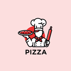 A cartoon chef holds pizza and rolling pin over PIZZA text Set against a pink backdrop