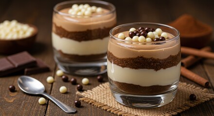 Two layered chocolate desserts in glasses with toppings on a wooden surface and cocoa powder near, Brigadeiro de colher