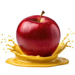 Red apple splashing into yellow liquid isolated on transparent background