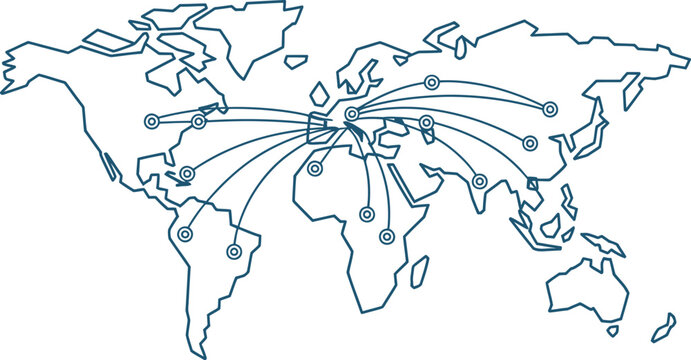 Global network connections and data flow across world map
