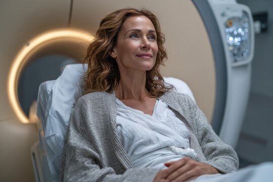 Middleaged woman calmly waiting on an open MRI machine in a medical facility during a routine diagnostic procedure