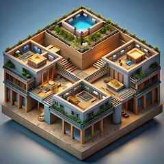 Obraz premium Isometric Architectural Design: An inviting isometric rendering of a modern house, showcasing a layered architectural concept with a rooftop pool.