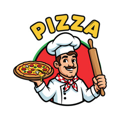 A cartoon pizza chef holds pizza and a rolling pin surrounded by a red circle and the word PIZZA