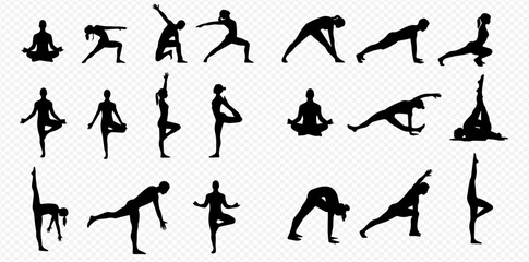 A collection of black silhouettes depicting men and women practicing various yoga poses and asanas.