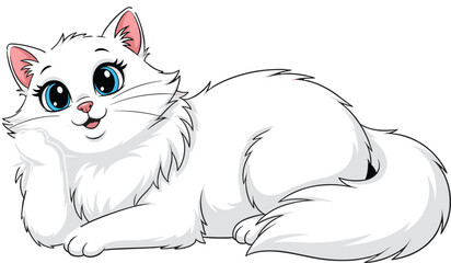 Cartoon white cat, fluffy kitten, cute pet, adorable feline, big blue eyes, long-haired cat, vector illustration, playful kitty drawing