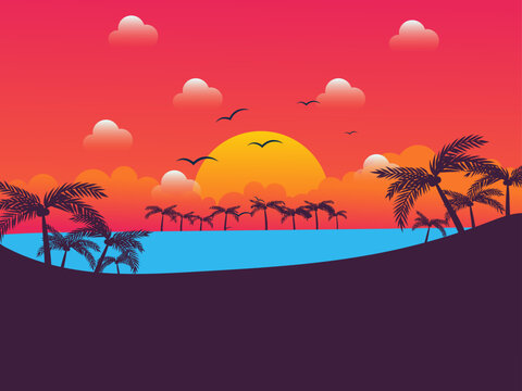 A Colorful Tropical Sunset Over a Beach Landscape