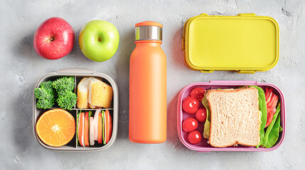 Flat lay composition of a healthy lunch on a light gray textured surface a water bottle, colorful lunchboxes, broccoli, bread, orange slices, vegetables, and a sandwich.