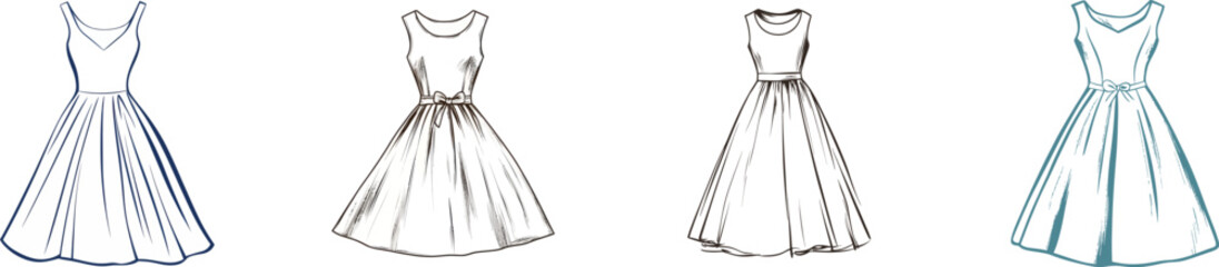 Fototapeta premium On a white isolated background, a simple one-line drawing represents a short dress with a full skirt