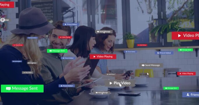 Four friends tapping devices in cafe, causing play bar, message sent and friend added icons sliding