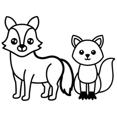 Adorable Cartoon Wolf and Fox, Line Art, Childish, Friendly Illustration on white background 