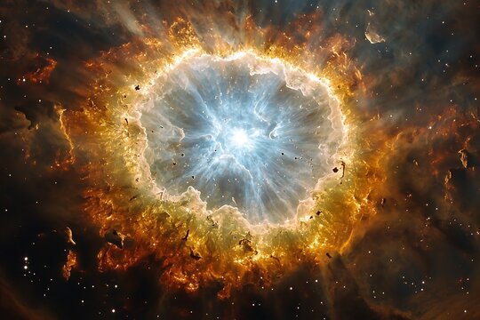Hydrogen atoms colliding a fusion reaction energy released in a burst of light as particles create heavier elements in the heart of stars