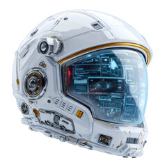 Futuristic white astronaut helmet with integrated HUD displays vital information. background removed