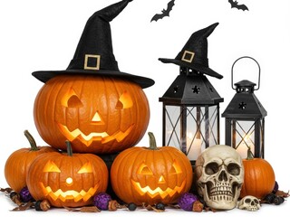A festive Halloween arrangement featuring multiple glowing jack-o'-lanterns, one with a witch's hat, alongside black lanterns, skulls, and bat decorat