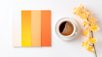 A set of gradient color swatches in white, yellow, and orange hues is placed next to a white coffee cup filled with dark coffee and a delicate yellow flower branch.