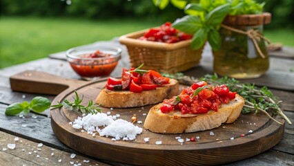 Bruschetta topped with roasted red peppers served on rustic wood with herbs and olive oil