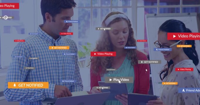 Coworkers tapping play icons on tablets starting tech demo with floating badges changing color