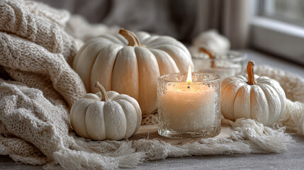 Autumn home decor with white pumpkins and burning aroma candles with sweet spicy pumpkin pie scent. Cozy fall composition, relaxation, aromatherapy. Apartment design, living room or bedroom