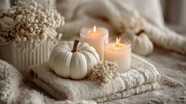 Autumn home decor with white pumpkins and burning aroma candles with sweet spicy pumpkin pie scent. Cozy fall composition, relaxation, aromatherapy. Apartment design, living room or bedroom