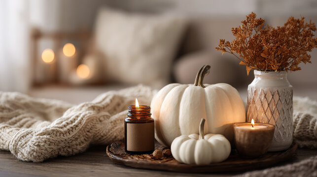 Autumn home decor with white pumpkins and burning aroma candles with sweet spicy pumpkin pie scent. Cozy fall composition, relaxation, aromatherapy. Apartment design, living room or bedroom