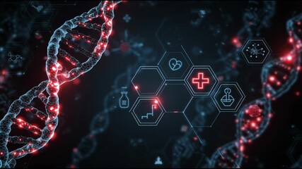 DNA Helix and Medical Icons: A striking visual of a glowing DNA helix intertwined with modern medical icons, reflecting the intricacies of science and innovation in the field of health and medicine. - Powered by Adobe