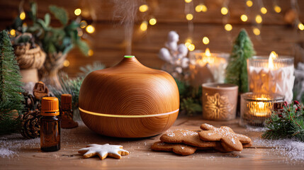 Christmas home aromatherapy. Aroma diffuser with pine extract, organic essential oil, vanilla, gingerbread cookies, candles on wooden table. Cozy atmosphere, holiday spirit. Winter inspiration 