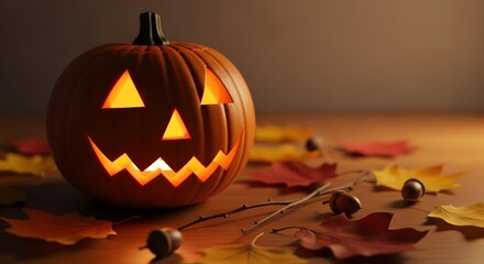 A carved jackolantern pumpkin glowing with a candle, surrounded by autumn leaves on a wooden surface