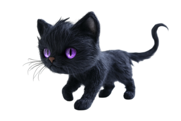 A cute black kitten with large purple eyes, playfully walking on a transparent background.