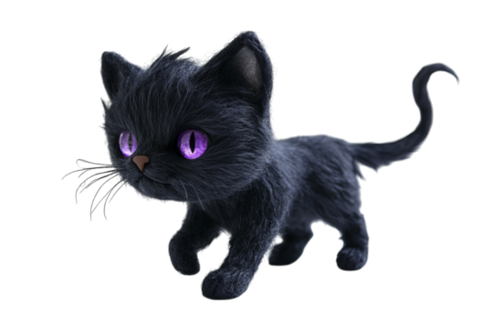 A cute black kitten with large purple eyes, playfully walking on a transparent background.