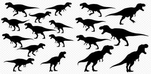 A collection of black Tyrannosaurus Rex dinosaur silhouettes of various sizes arranged in a pattern.