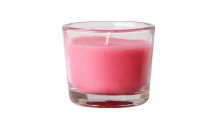 Front view of pink scented candle in glass holder isolated on white