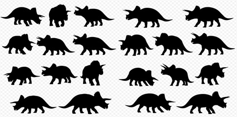 A collection of black Triceratops dinosaur silhouettes arranged in rows, showing various poses and angles on a transparent background.