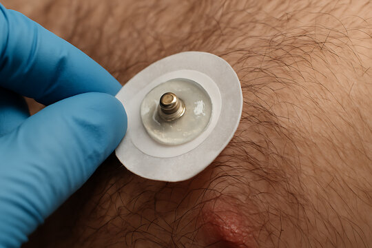 Medical electrode patch being applied to a patient&rsquo;s chest by a gloved hand.