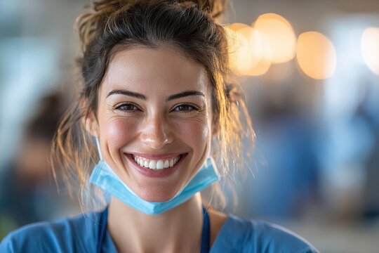 Smiling healthcare professional in scrubs with a mask under her chin.