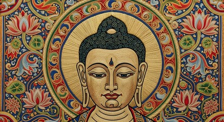 Obraz premium Detailed portrait of Buddha with ornate halo and lotus flower elements.