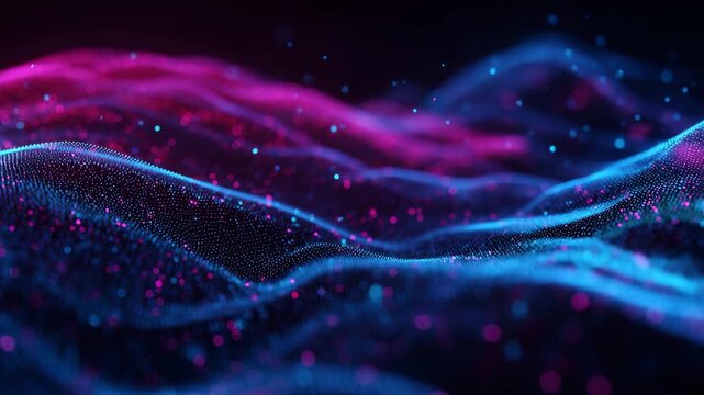 Abstract 3D wave of glowing particles in neon pink and blue digital landscape