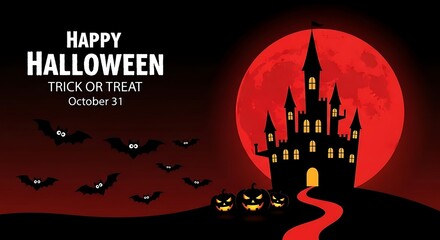 Spooky Halloween Night Castle Silhouette Against Crimson Moon Bats Flying Jack o Lanterns Glowing Trick or Treat October