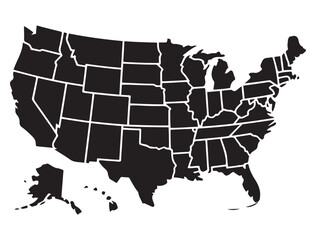 USA map with states. United States of America map. Vector illustration. Vector black silhouette. with white background