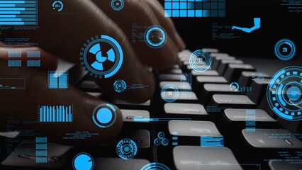 Close-up of hands typing on a keyboard, surrounded by blue futuristic digital elements showing data analysis and technological innovations in a modern workspace. Xenic