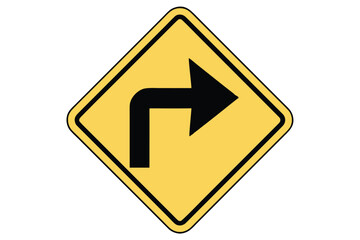 Right Turn Ahead Warning Sign on Yellow Diamond Shape Indicating Road Safety and Driver Awareness on Transportation Routes and Traffic Control Systems