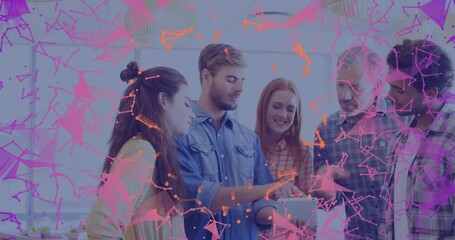 Denim-shirted man tapping tablet spawning digital overlay for analysis as business team zooming in - Powered by Adobe