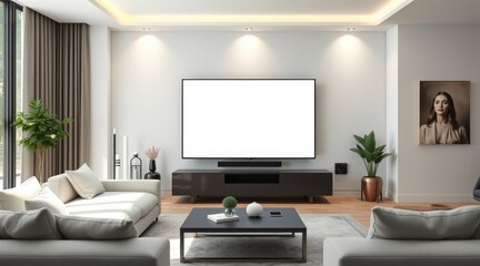 Contemporary Living Room: This image showcases a modern living space with a large television at its focal point, framed by minimalist design and ample natural lighting.