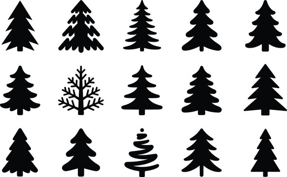 Black Christmas tree silhouettes collection, winter pine shapes, festive fir icons, nature graphic design elements, holiday decoration vector trees bundle