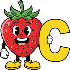 Cute cartoon strawberry fruit character holding letter C, smiling healthy food mascot with vitamins, fresh berry illustration on white background vector