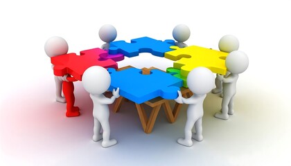 Cartoon figures assembling colorful jigsaw puzzle