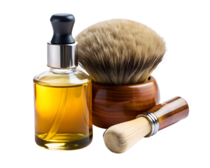 Shaving brush, bottle of oil, and a small brush, isolated on transparent background