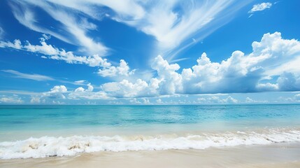 Fototapeta premium Coastal Bliss: Stunning Beach Scenery with Blue Sky and White Clouds – Golden Sand Stretching to Turquoise Waves, Palm Trees Swaying in the Breeze, Seagulls Gliding Overhead
