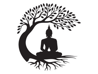 Black Buddha Meditation under bodhi tree with leaf and root abstract circle style vector design. Vector black silhouette. with white background