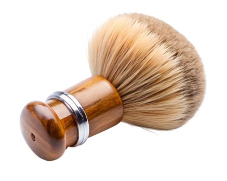 Shaving brush with wooden handle and badger hair, isolated on transparent background