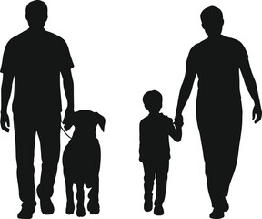 PrintFamily walking silhouette, gay couple with child, parents and kid with dog, happy family stroll, modern family concept image