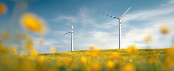 The wind turbines standing in a sunny wildflower meadow under a blue sky